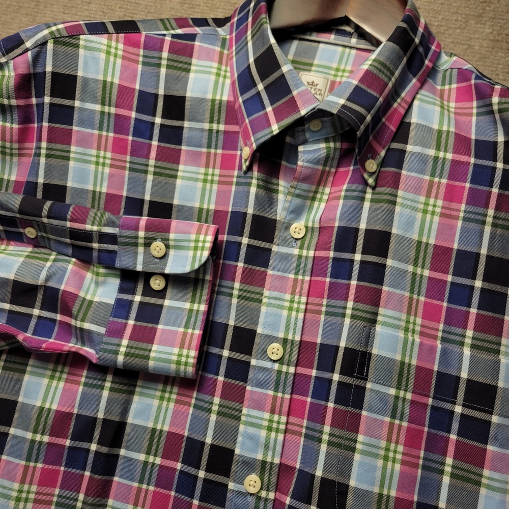 Peter Millar Button Down Mens XL Multi Plaid Nanoluxe Easy Care Cotton Shirt